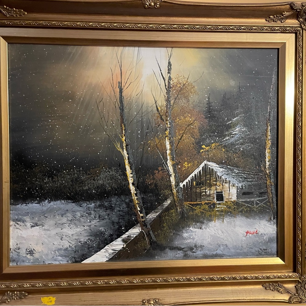 Winter Landscape Painting with Gold Frame antique oil painting